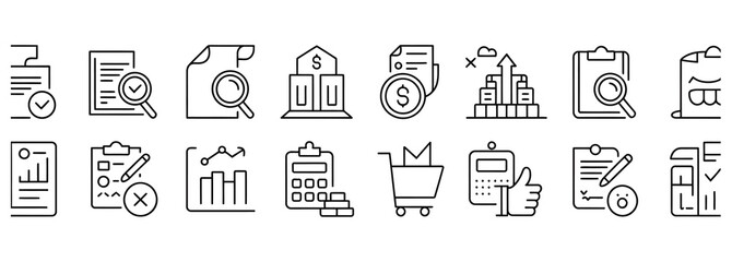 Streamline your business with modern accounting and finance icons for websites and presentations, showing growth charts, document analysis, and financial reports for smart decision making