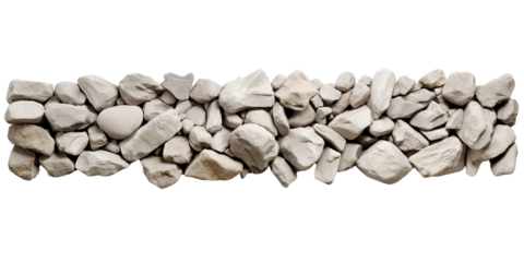 Long rustic stone wall border of pale rocks, stone wall made from rounded stones for garden design and zen decor, stone wall background for spa banner, eco relaxation theme concept