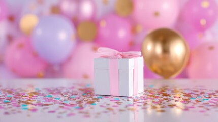 Colorful party setup with gift box and balloons for celebration