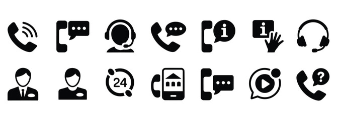 Professional collection of vector icons for customer support, helpdesk, and contact us pages offering instant access to valuable information and 24 hour assistance