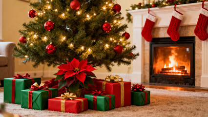 Festive Christmas Living Room with Tree, Fireplace, and Gifts