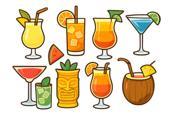 Naklejka premium Collection of refreshing alcoholic and non-alcoholic summer drinks and tropical cocktails