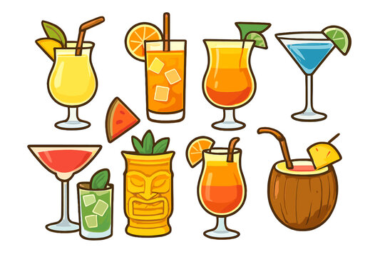 Collection of refreshing alcoholic and non-alcoholic summer drinks and tropical cocktails