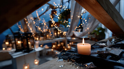 A beautifully lit candle sits on a table amidst a festive setup, radiating warmth and peace, encapsulating the cozy essence of winter gatherings and joyful moments.