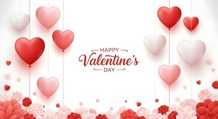 Valentine s day heart balloons and floral decoration on white background