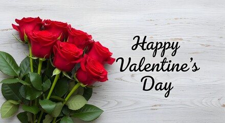 Romantic red roses bouquet with happy valentines day message on white wood