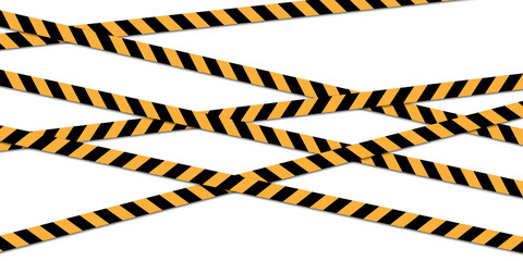 Diagonal caution tape strips with black and yellow pattern on transparent background