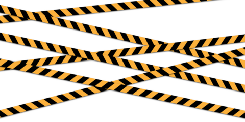 Diagonal caution tape strips with black and yellow pattern on transparent background