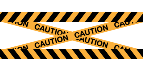 Yellow and black caution tape crossed over on transparent background