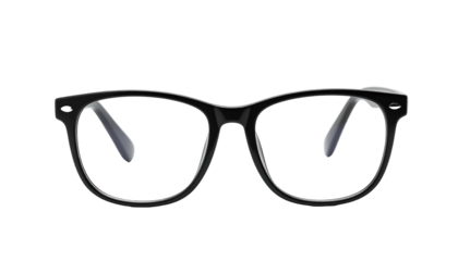 Black rimmed eyeglasses, clean aesthetic, presented against black
