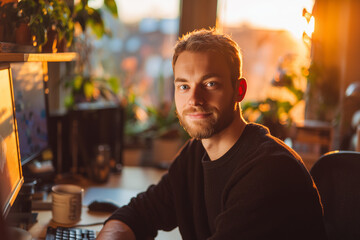 Golden-hour portrait of a bearded man working at a cozy home office desk with plants, coffee and a warm sunset glow