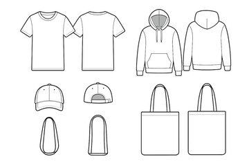 Collection of blank apparel templates including t-shirt, hooded sweatshirt, baseball cap, and tote bag