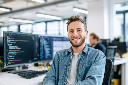 Smiling software developer in modern open office with dual monitors displaying code — casual programmer working at a tech startup workspace - Powered by Adobe