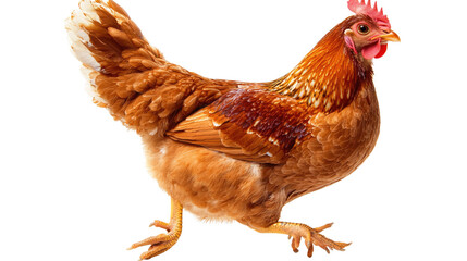 Fototapeta premium Brown Chicken Walking on White Background with Vibrant Feathers