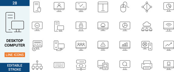 Minimal desktop computer line icon pack featuring monitors, PCs, mice, security screens, charts, alerts and network symbols with editable stroke for tech, IT and interface design projects.