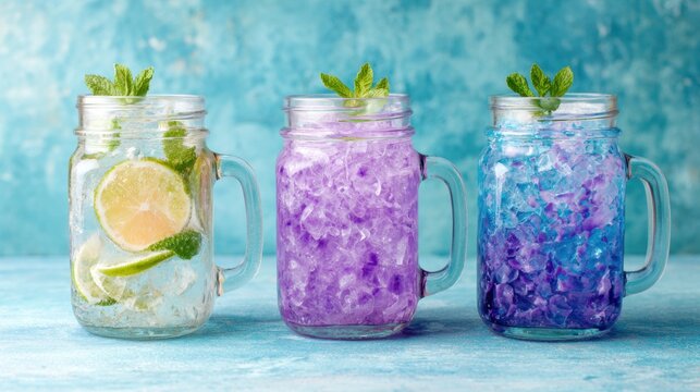 Colorful refreshing drinks in mason jars with mint and citrus on blue background