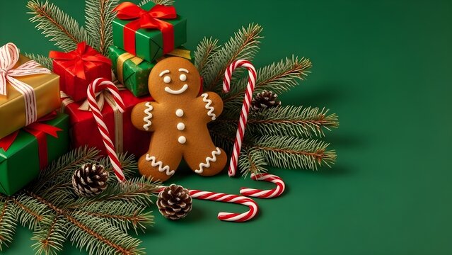 Festive christmas arrangement with gingerbread man presents and candy canes on green