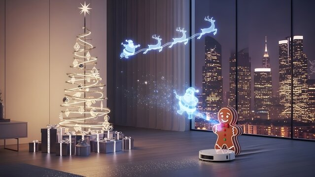 A christmas scene with a robot vacuum, tree, presents, and santa claus hologram