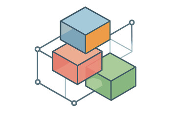 Fototapeta premium Isometric abstract structure of colorful cubes connected by a decentralized network grid