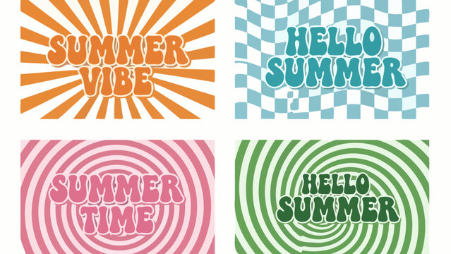 Vibrant collection of retro summer slogans with groovy 1970s typography on psychedelic backgrounds featuring hypnotic swirls and sunburst patterns