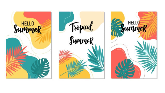 Set of colorful summer backgrounds with tropical leaves, perfect for greeting cards and posters