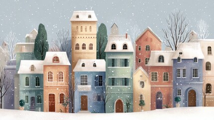 Charming winter village scene with snow falling