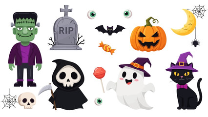 Spooky Halloween Elements Frankenstein, Ghosts, Pumpkins, Bats, and More in a Vector Illustration