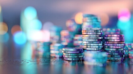 Coins stacked on a table with colorful blurred lights in the background