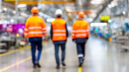 Fototapeta premium Workers in bright safety gear walking through a modern factory floor