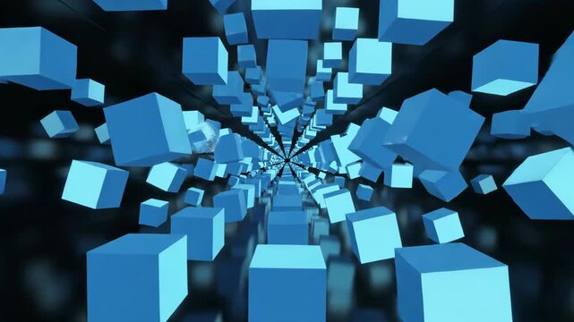 Seamless looping background of glowing blue digital cubes endlessly replicating and multiplying within an enclosed geometric void chamber, motiongraphics, deep