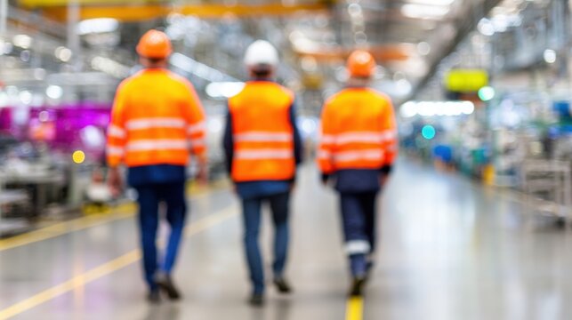 Workers in bright safety gear walking through a modern factory floor