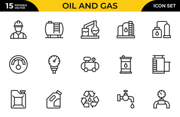 Oil and Gas line icon set. Containing fuel, refinery, petroleum, oil well, gas pump, offshore platform, lubricant, oil barrels. Thin outline icons pack. Vector illustration