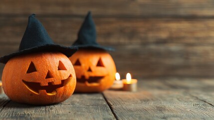 Halloween pumpkins with witch hats and candles on wooden table