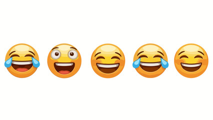 Set of various laughing emoticons with tears of joy, wide smiles, and happy expressions used for digital communication and social media