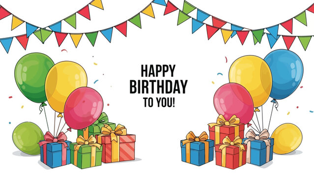 Happy Birthday Celebration with Balloons, Gifts, and Festive Bunting