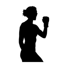 Silhouette of a female boxer in fighting stance against white background