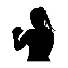 Silhouette of strong woman flexing bicep muscle against white background