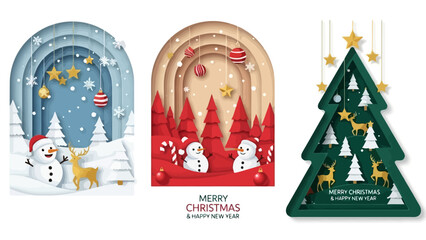 Christmas Holiday Season Festive Layered Paper Art Designs with Snowman, Trees, and Stars