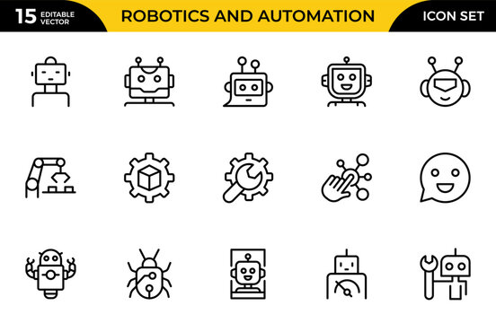 Robotics and Automation line icon set. Vector illustration with thin line editable stroke containing data science, algorithm, chatbot, automation. Thin outline icons pack. Vector illustration