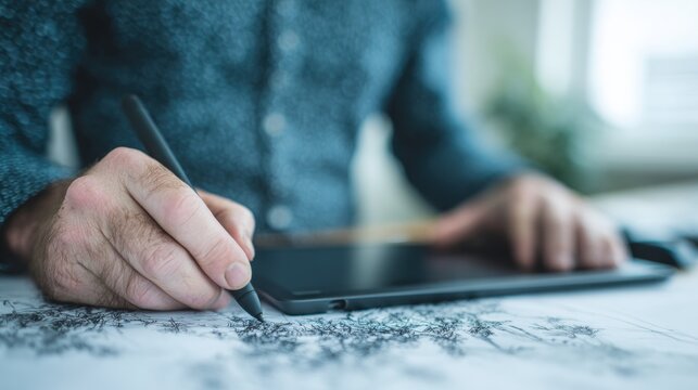 Digital artist creating detailed sketches on tablet with stylus pen
