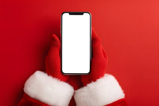 Gloved hands in santa suite holding a mobile phone with red backdrop for festive scene