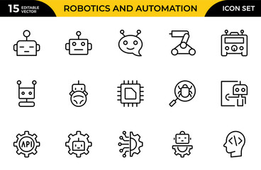Fototapeta premium Robotics and Automation line icon set. Vector illustration with thin line editable stroke containing data science, algorithm, chatbot, automation. Thin outline icons pack. Vector illustration