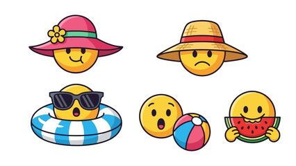 Set of Smiling Emoji Characters in Summer Outfits and Accessories Representing Fun and Happiness