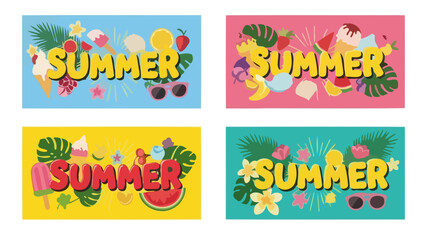 A vibrant collection of four summer-themed banners featuring colorful typography, tropical fruits, ice cream, and sunglasses