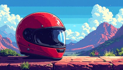 Red Motorcycle Helmet on a Mountain Viewpoint.