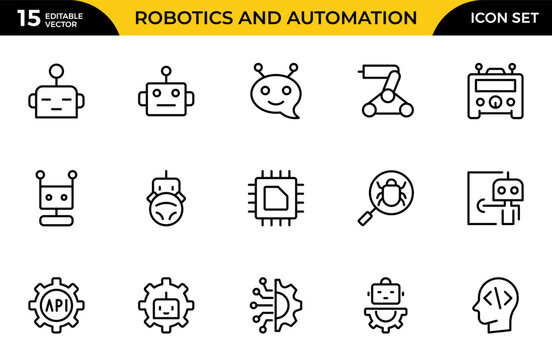 Robotics and Automation line icon set. Vector illustration with thin line editable stroke containing data science, algorithm, chatbot, automation. Thin outline icons pack. Vector illustration