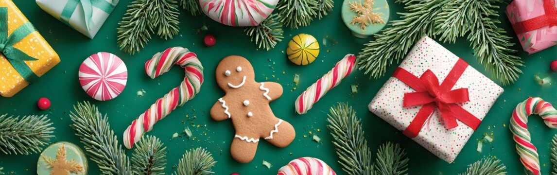 Warm holiday Christmas Celebration with wrapped gifts and gingerbread man