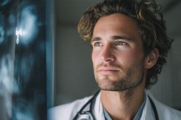 Portrait of a thoughtful young male doctor examining medical scans with stethoscope, reflecting dedication, compassion and modern healthcare