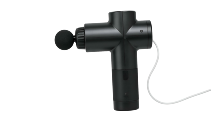 Black percussive massage gun with round head and power cord