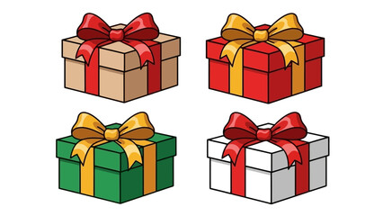 Set of Four Colorful Gift Boxes with Ribbons and Bows, Perfect for Celebrations and Holidays